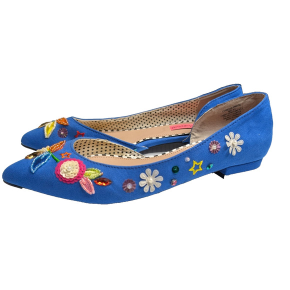 Betsey‎ Johnson Cypress Blue Beaded Sequin Whimsical Funky Fairy Suede Flats 6.5 - Picture 2 of 12